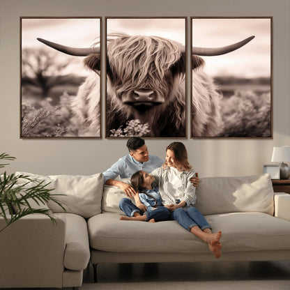 55903-MGV-CV-36X24-Highland Cow Wall Art – Rustic Sepia Scottish Highland Bull Canvas Print, Farmhouse Country Animal Decor for Living Room, Bedroom