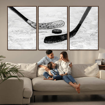 82900-MGV-CV-36X24-Hockey Wall Art – Black and White Canvas Print Ice Rink Sticks Puck Sports Photography, Modern Decor for Game Room, Man Cave,