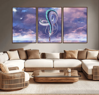 66864-MGV-CV-36X24-Fantasy Dragon Wall Art – Mystical Canvas Print Girl and Sky Serpent Dreamlike Clouds, Magical Anime Inspired Decor for Living