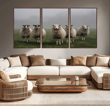 87339-MGV-CV-36X24-Sheep Wall Art – Rustic Farmhouse Canvas Print Flock Standing Misty Field Countryside Photography, Country Animal Decor for Living