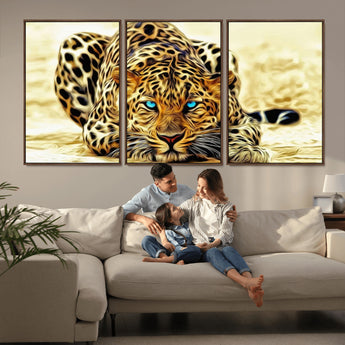 45281-MGV-CV-36X24-Blue Eye Leopard Wall Art Canvas Print, Framed Leopard Painting Art Picture Print, Big Cat Perfect Safari Wildlife Decor Artwork