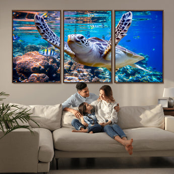 12683-MGV-CV-36X24-Sea Turtle Wall Art – Graceful Ocean Canvas Print with Coral Reef and Tropical Fish, Coastal Marine Life Decor for Beach House,
