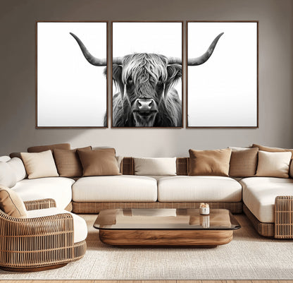 49556-MGV-CV-36X24-Highland Cow Wall Art – Black and White Scottish Highland Cattle Print, Rustic Farmhouse Minimalist Animal Portrait Canvas for