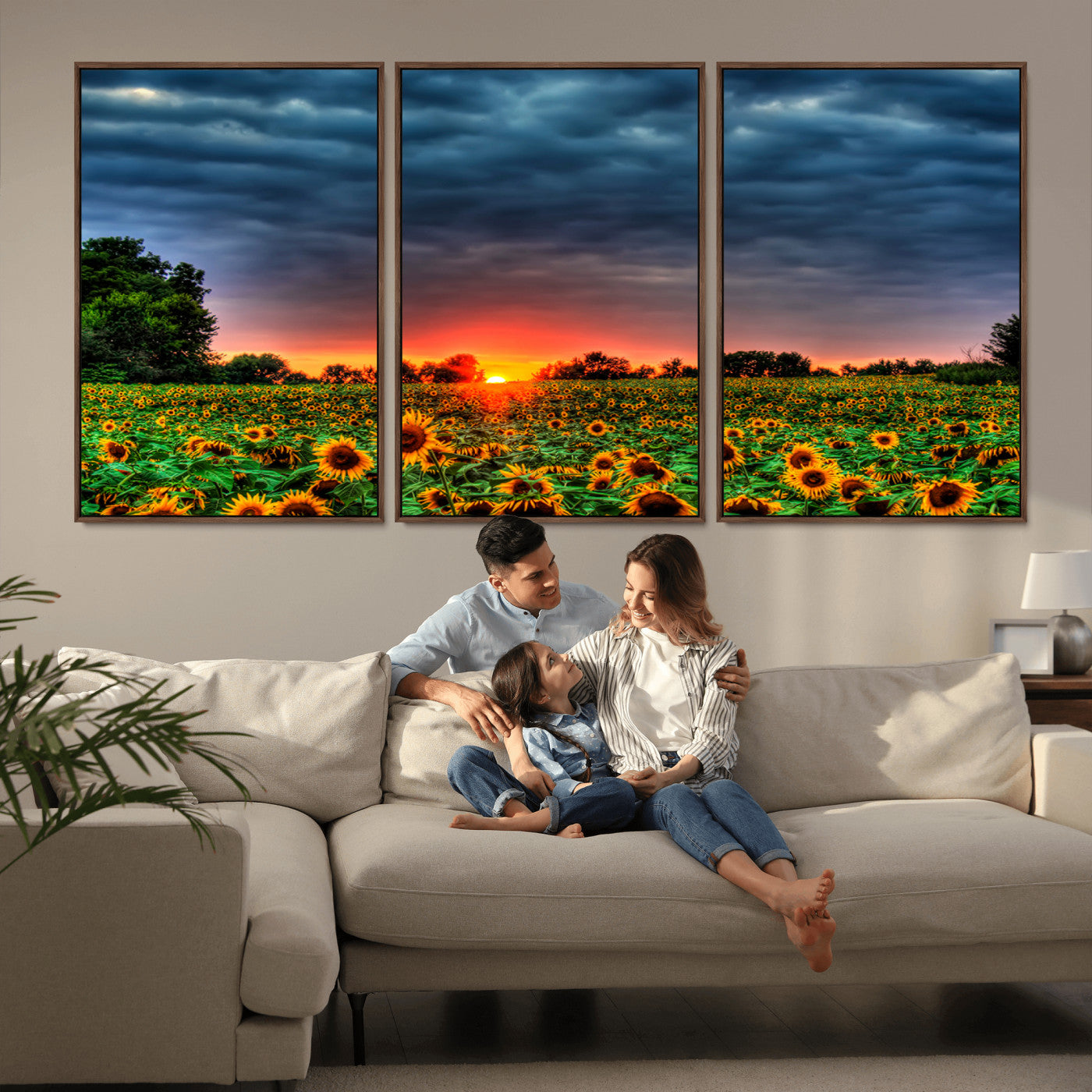 45045-MGV-CV-36X24-Sunflower Field Sunset Wall Art – Dramatic Stormy Sky Landscape Print, Vibrant Yellow Floral Nature Canvas for Living Room,