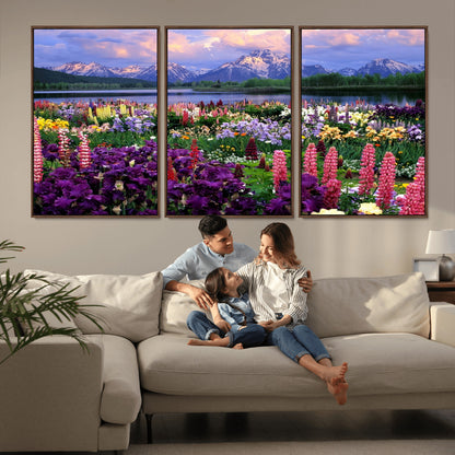 82270-MGV-CV-36X24-Colorful Wildflower Meadow Landscape Wall Art – Snow-Capped Mountain Lake Sunset Print, Vibrant Nature Artwork for Living Room,