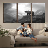 49504-MGV-CV-36X24-Black and White Grizzly Bear Wall Art – Wilderness Wildlife Painting, Rustic Mountain Cabin Decor, Monochrome Animal Print for