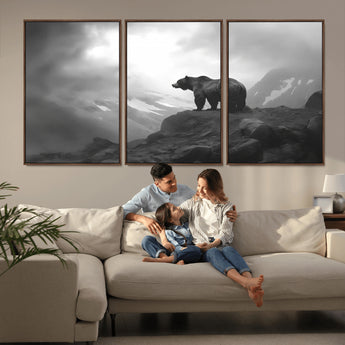 49504-MGV-CV-36X24-Black and White Grizzly Bear Wall Art – Wilderness Wildlife Painting, Rustic Mountain Cabin Decor, Monochrome Animal Print for