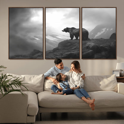 49504-MGV-CV-36X24-Black and White Grizzly Bear Wall Art – Wilderness Wildlife Painting, Rustic Mountain Cabin Decor, Monochrome Animal Print for