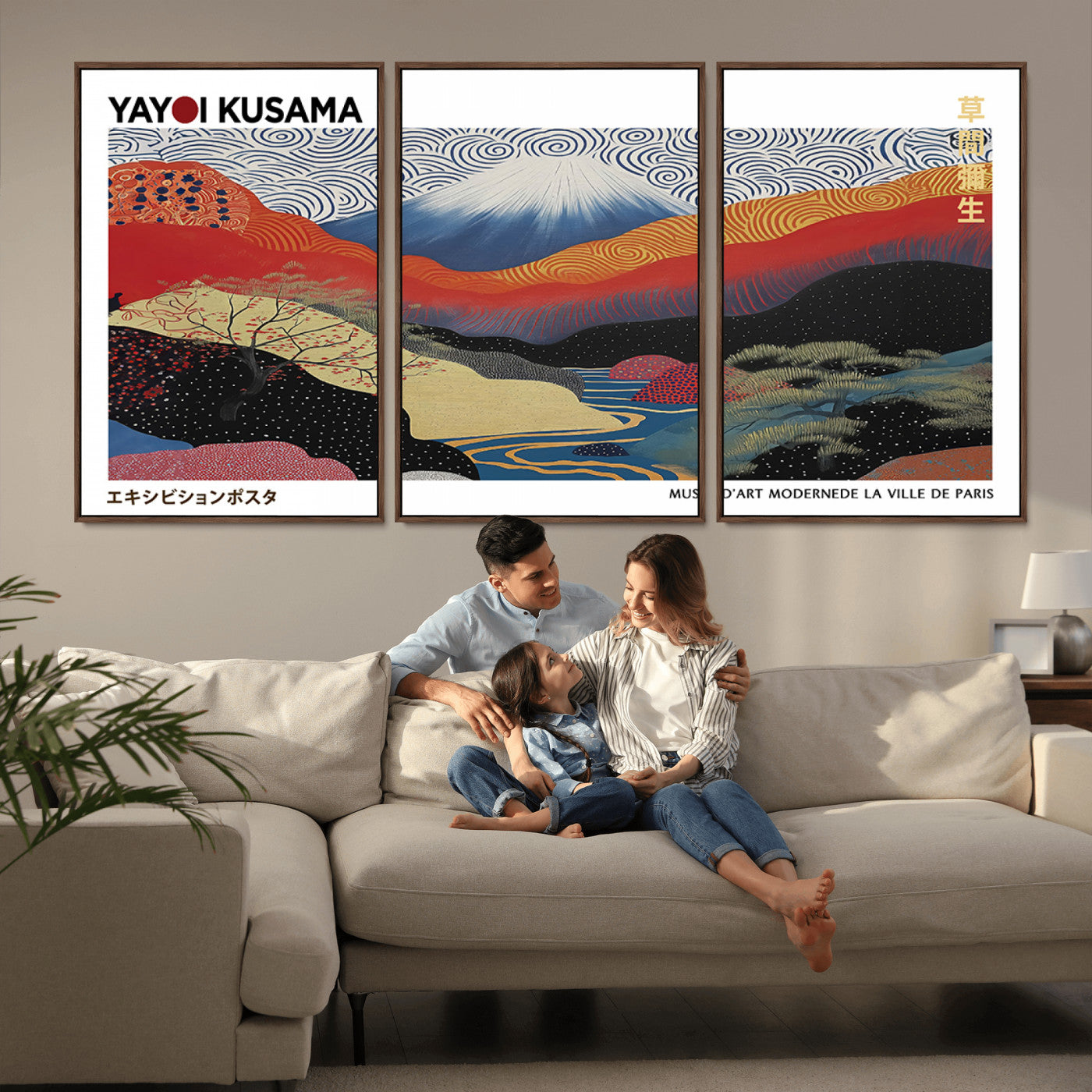 14839-MGV-CV-36X24-Yayoi Kusama Wall Art – Panoramic Mountain & River Canvas Print, Modern Abstract Japanese Landscape Decor for Living Room or