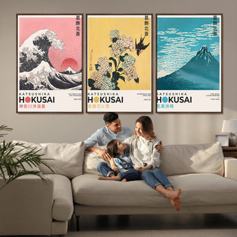 Katsushika-MGV-CV-36X24-Katsushika Hokusai Wall Art Set – The Great Wave, Hydrangea and Swallow, Fine Wind Canvas Prints, Japanese Ukiyo e Style Home and