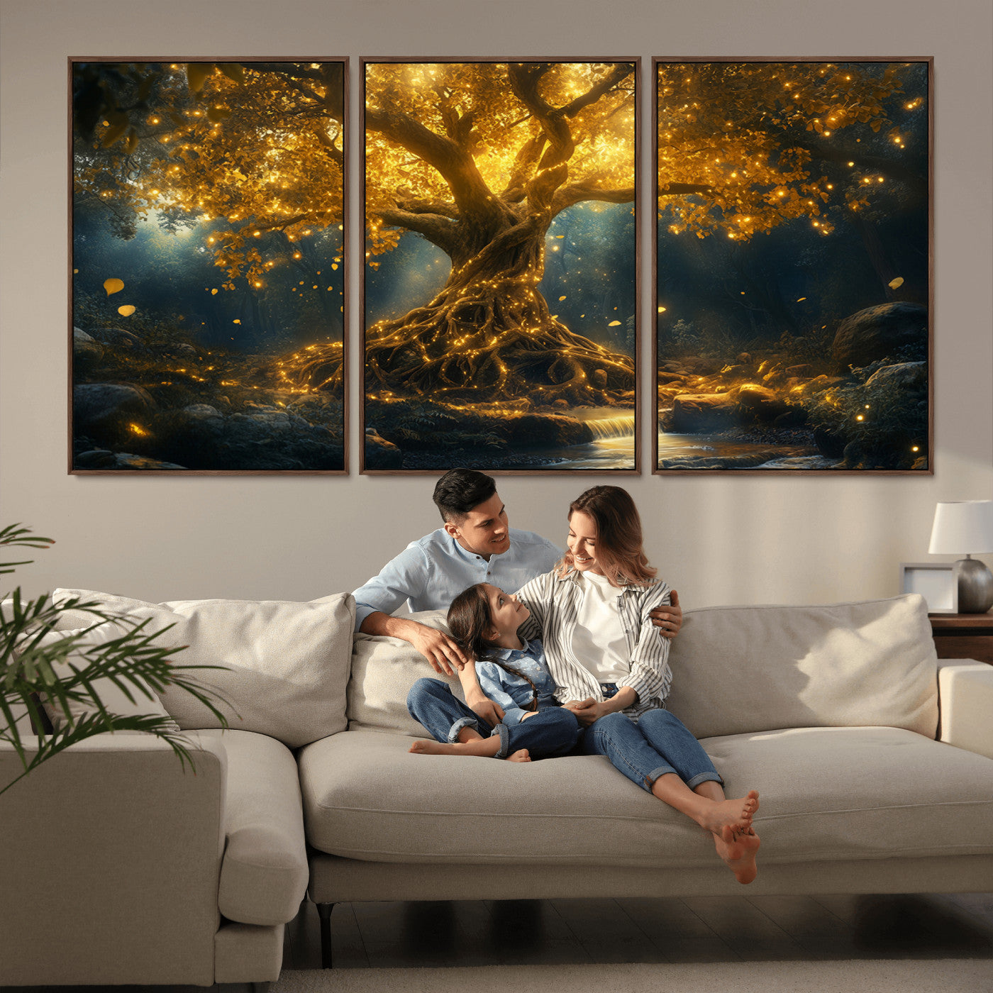 92739-MGV-CV-36X24-Glowing Tree Wall Art – Enchanted Golden Forest Canvas Print, Mystical Illuminated Nature Painting Poster for Living Room,
