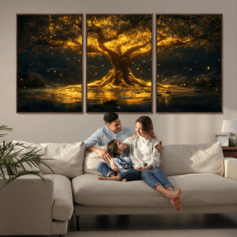 59580-MGV-CV-36X24-Glowing Tree Wall Art – Golden Fantasy Nature Canvas Print, Mystical Illuminated Tree Painting Poster for Living Room, Bedroom,