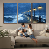 32668-MGV-CV-36X24-Stormy Pier Wall Art – Ocean Waves and Street Lamps Canvas Print, Rainy Night Seascape Oil Painting Poster for Living Room,