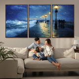 76572-MGV-CV-36X24-Stormy Night Pier Wall Art – Ocean Waves and Street Lamps Canvas Print, Rainy Seascape Oil Painting Poster for Living Room,