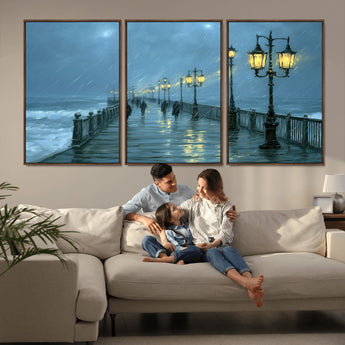 79606-MGV-CV-36X24-Rainy Pier Night Wall Art – Ocean Waves and Street Lamps Canvas Print, Moody Seascape Oil Painting Poster for Living Room,
