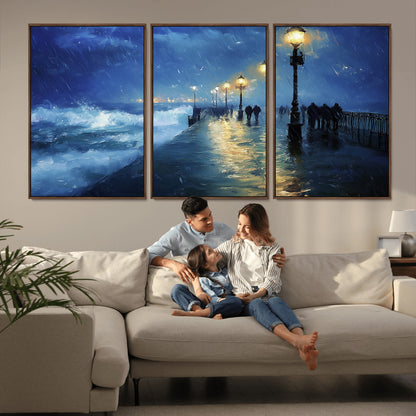 94571-MGV-CV-36X24-Seaside Night Wall Art – Ocean Waves and Street Lamps Canvas Print, Rainy City Pier Oil Painting Poster for Living Room, Bedroom,