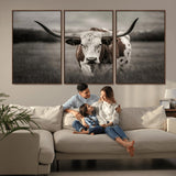 69238-MGV-CV-36X24-Longhorn Bull Wall Art – Rustic Black and White Texas Cattle Canvas Print, Western Farmhouse Animal Photography for Living Room,