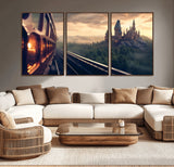 84029-MGV-CV-36X24-Fantasy Castle Wall Art – Magical Train Sunset Forest Canvas Print, Enchanted Landscape Painting Poster for Living Room, Bedroom,