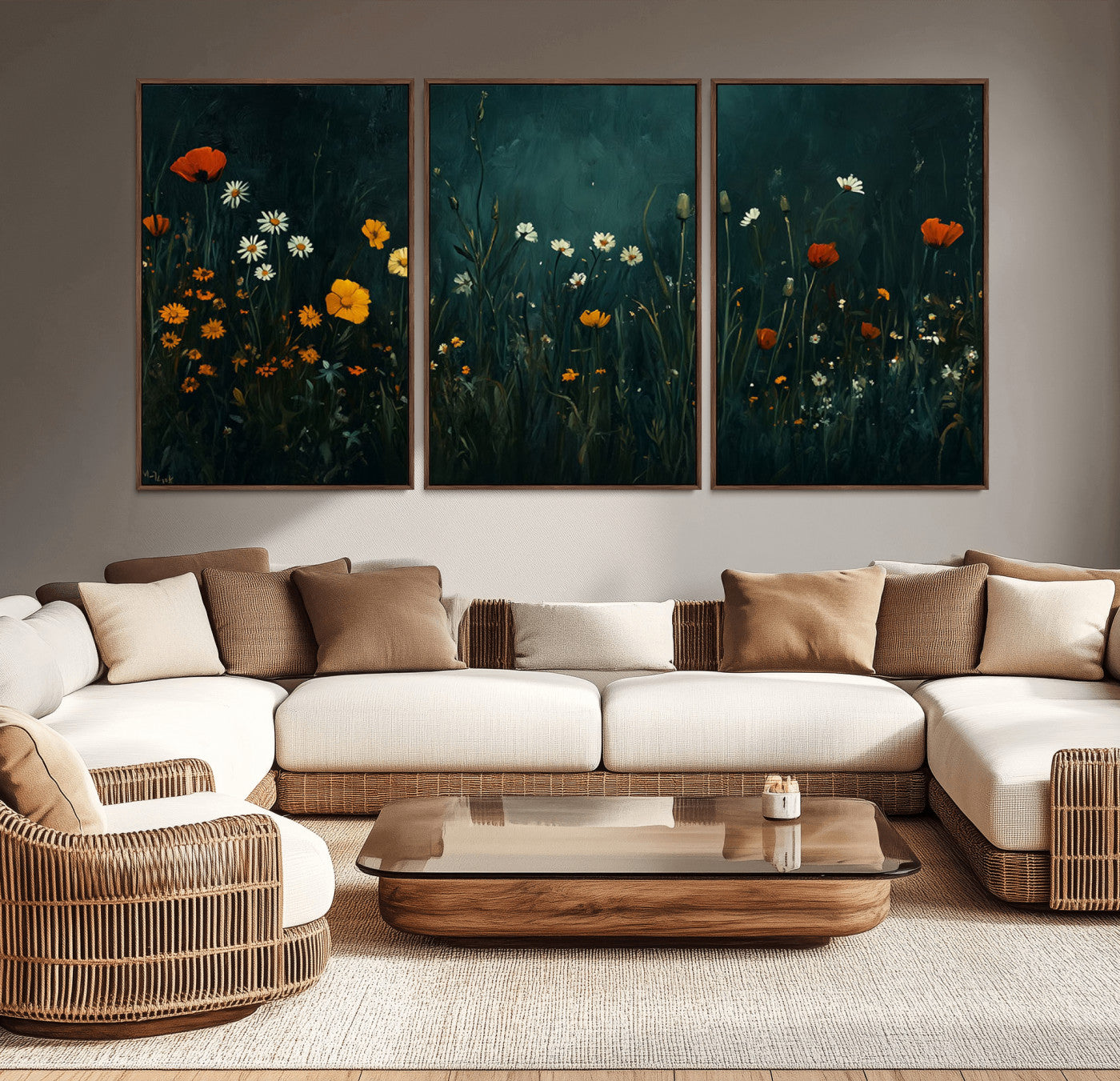 87037-MGV-CV-36X24-Wildflower Wall Art – Dark Botanical Floral Canvas Print, Modern Nature Painting Poster with Daisies Poppies Orange Flowers for