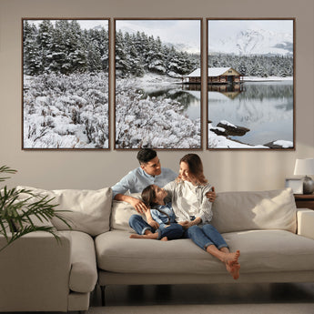 29975-MGV-CV-36X24-Winter Cabin by the Lake Wall Art – Snowy Mountain Landscape Canvas Print, Rustic Lodge Cabin Decor for Cozy Living Room, Bedroom