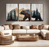 90077-MGV-CV-36X24-Wood Grizzly Bear Wall Art Canvas Print, Framed Abstract Bear Art Picture Print, Bear in Forest Perfect Rustic Lodge Decor Artwork