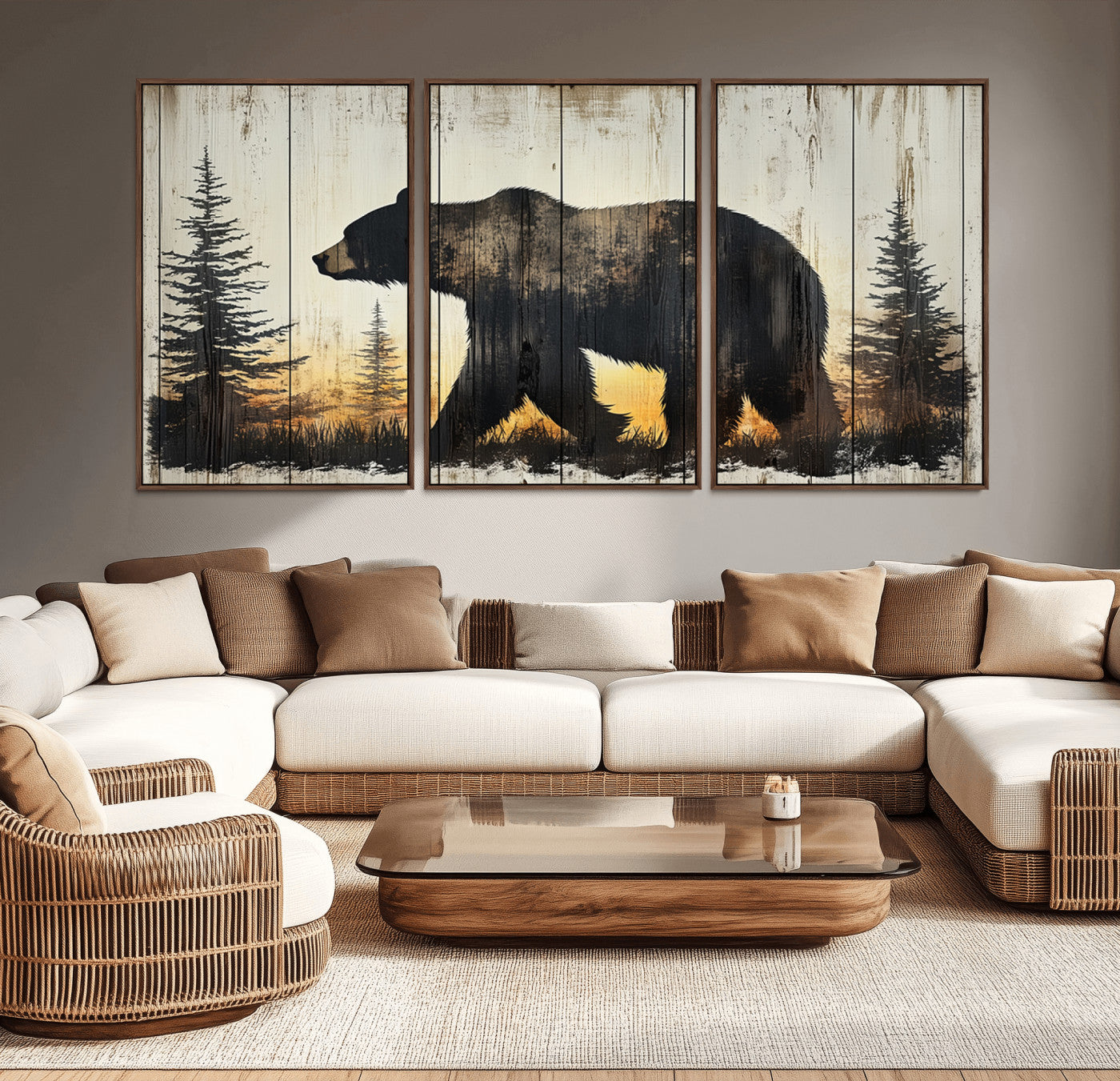 83875-MGV-CV-36X24-Sunset Bear Wall Art – Rustic Wildlife Canvas Print with Forest Silhouette, Cabin Lodge Decor for Living Room or Office