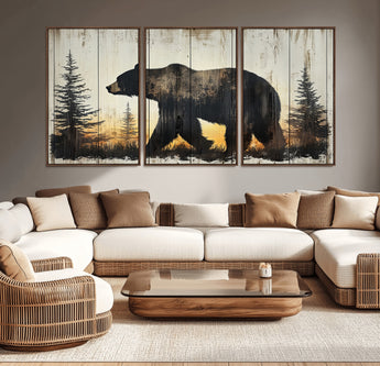 83875-MGV-CV-36X24-Sunset Bear Wall Art – Rustic Wildlife Canvas Print with Forest Silhouette, Cabin Lodge Decor for Living Room or Office