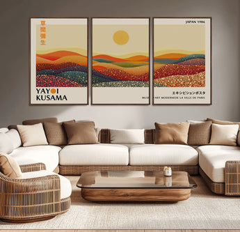 88180-MGV-CV-36X24-Yayoi Kusama Landscape Wall Art – Abstract Dotted Mountain Canvas Print, Retro Sun Poster for Modern Living Room, Office or