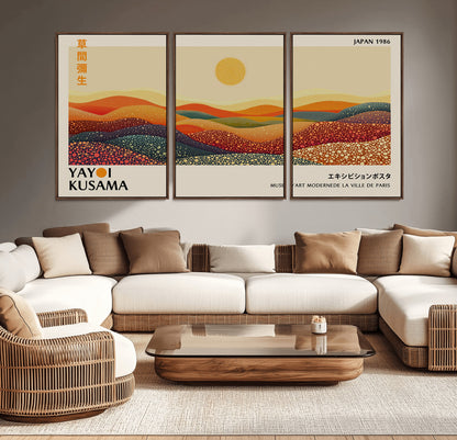 88180-MGV-CV-36X24-Yayoi Kusama Landscape Wall Art – Abstract Dotted Mountain Canvas Print, Retro Sun Poster for Modern Living Room, Office or