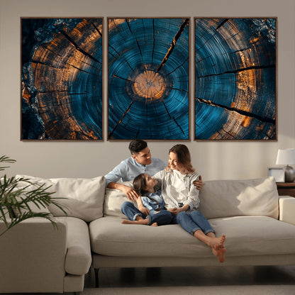 65231-MGV-CV-36X24-Blue and Gold Tree Ring Wall Art – Rustic Abstract Wood Slice Canvas Print, Modern Nature Inspired Artwork for Living Room,