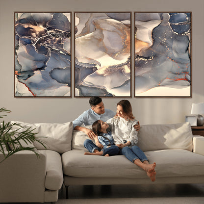 18202-MGV-CV-36X24-Abstract Neutral Wall Art – Blue, Beige and Gold Fluid Ink Canvas Print, Modern Minimalist Painting for Living Room, Office