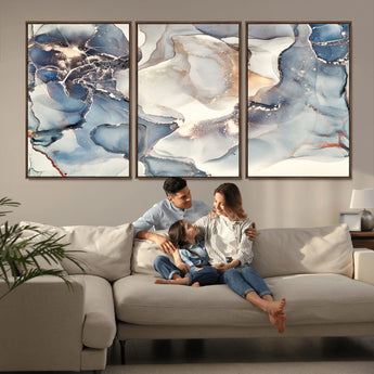 51497-MGV-CV-36X24-Abstract Blue and Gold Wall Art – Modern Fluid Ink Style Canvas Print, Elegant Contemporary Decor for Living Room, Office