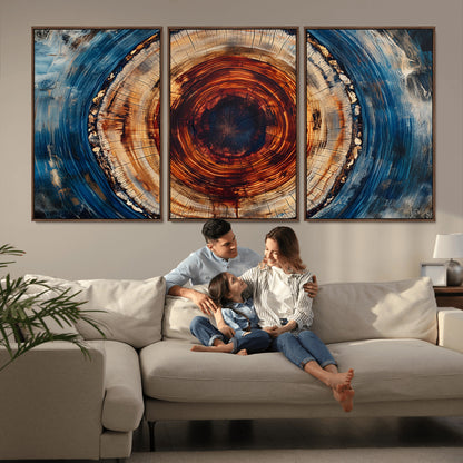 90395-MGV-CV-36X24-Tree Ring Wall Art – Abstract Wood Grain Canvas Print with Fiery Red and Blue Tones, Bold Rustic Nature Inspired Artwork Decor for