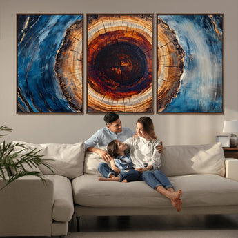 30457-MGV-CV-36X24-Tree Ring Wall Art – Abstract Wood Grain Canvas Print with Brown and Blue Swirl, Rustic Nature Inspired Artwork for Living Room,