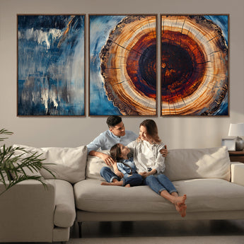 48045-MGV-CV-36X24-Tree Ring Abstract Wall Art – Rustic Wood Grain Canvas Print with Brown Center and Blue Brush Strokes, Nature Inspired Artwork for