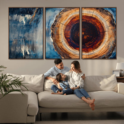 48045-MGV-CV-36X24-Tree Ring Abstract Wall Art – Rustic Wood Grain Canvas Print with Brown Center and Blue Brush Strokes, Nature Inspired Artwork for