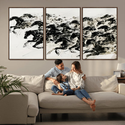 23069-MGV-CV-36X24-Galloping Horses Wall Art – Black Ink Painting on Canvas, Dynamic Equestrian Artwork with Running Stallions, Expressive Modern