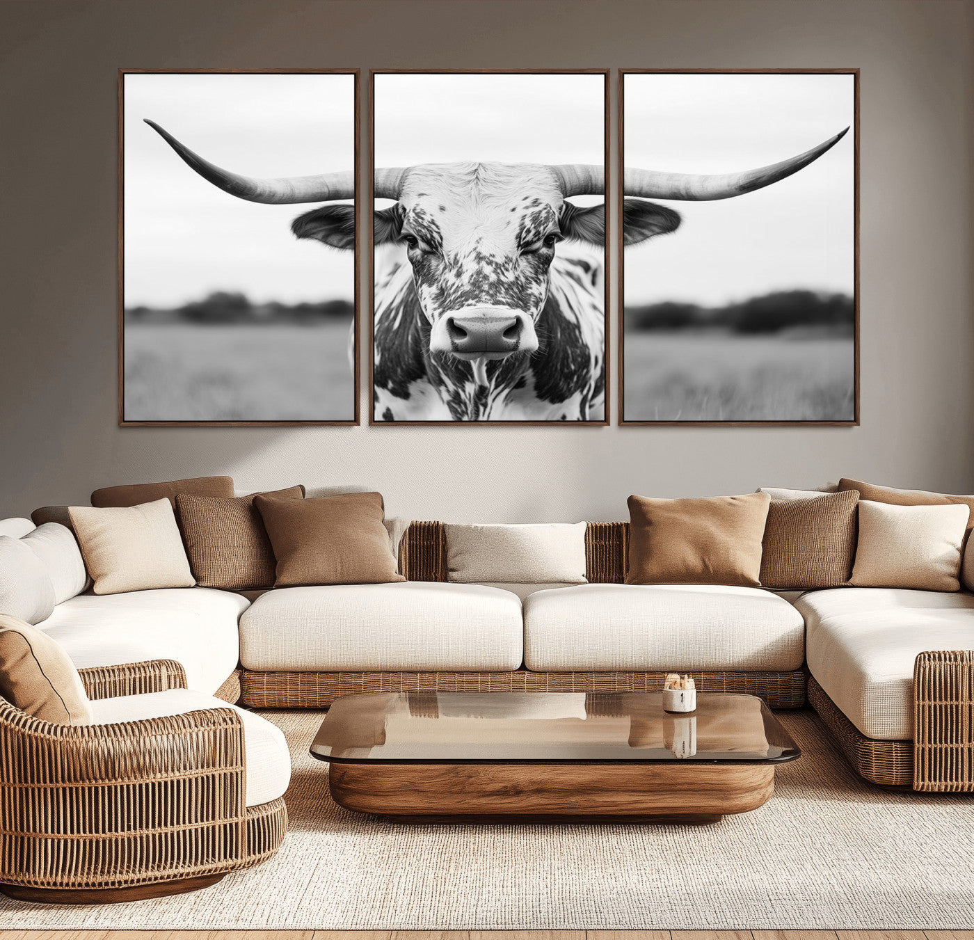 20272-MGV-CV-36X24-Highland Cow Wall Art – Black and White Western Longhorn Canvas Print, Farmhouse Living Room Decor Southwestern Animal Artwork for