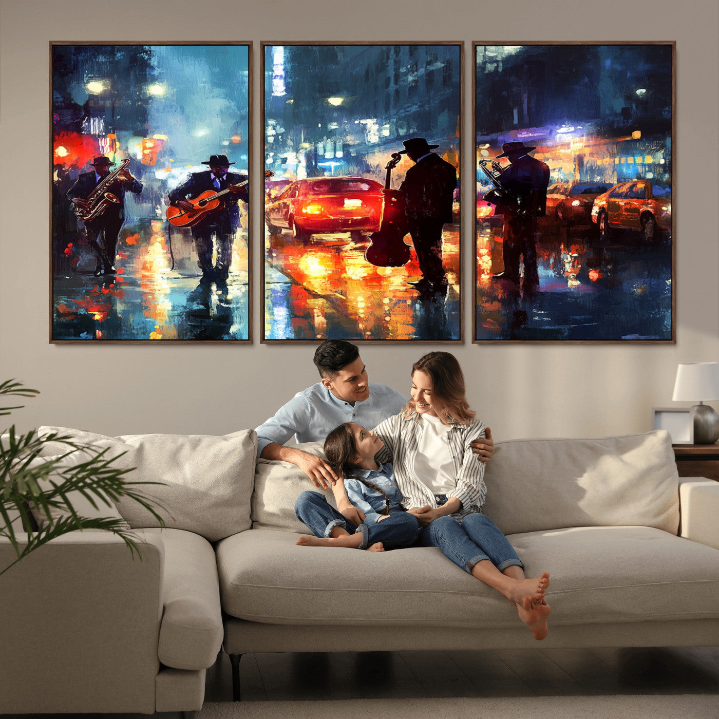 94605-MGV-CV-36X24-City Jazz Night Wall Art – Vibrant Music Canvas Print Featuring Saxophone, Guitar and Bass Players, Urban Street Scene Artwork for