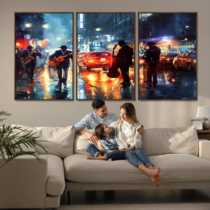 94605-MGV-CV-36X24-City Jazz Night Wall Art – Vibrant Music Canvas Print Featuring Saxophone, Guitar and Bass Players, Urban Street Scene Artwork for