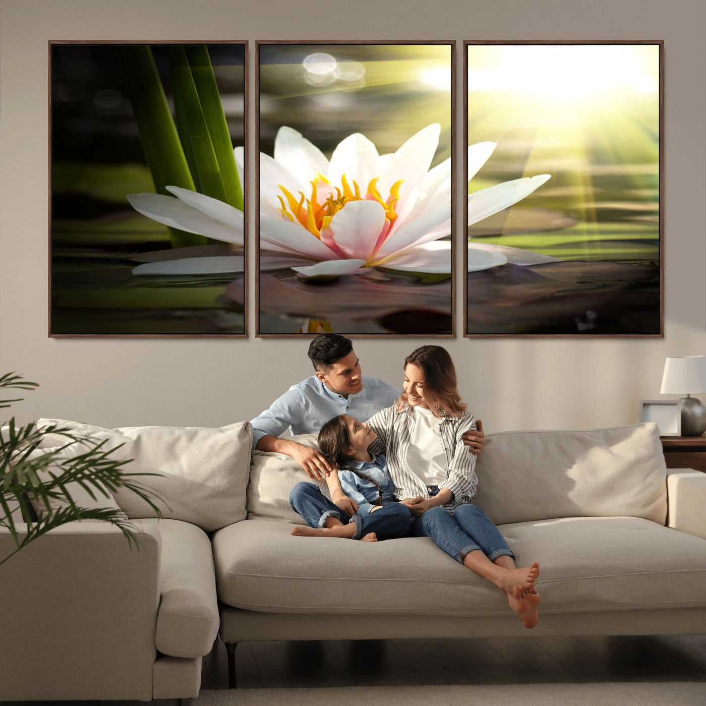 40478-MGV-CV-36X24-Water Lily Wall Art – White Lotus Flower Canvas Print with Sunlight Reflection, Serene Botanical Artwork for Living Room, Bedroom,