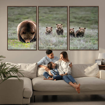 65087B-MGV-CV-36X24-Bear Family Wall Art – Wildlife Canvas Print Featuring Mother Bear with Cubs in Nature, Rustic Animal Artwork for Living Room,