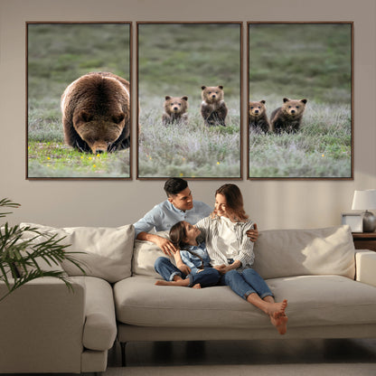 65087B-MGV-CV-36X24-Bear Family Wall Art – Wildlife Canvas Print Featuring Mother Bear with Cubs in Nature, Rustic Animal Artwork for Living Room,