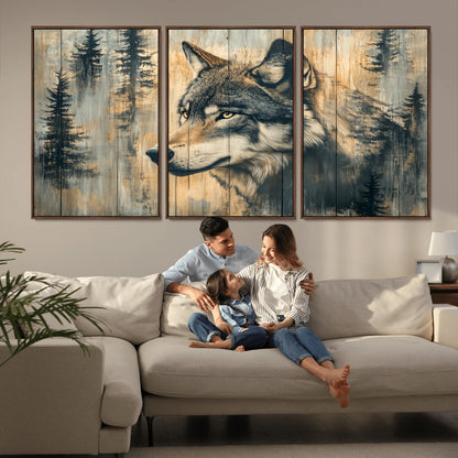 51892-MGV-CV-36X24-Wolf Wall Art – Rustic Canvas Print of Wolf with Forest Trees on Wood Texture, Wildlife Lodge Artwork for Living Room, Bedroom,