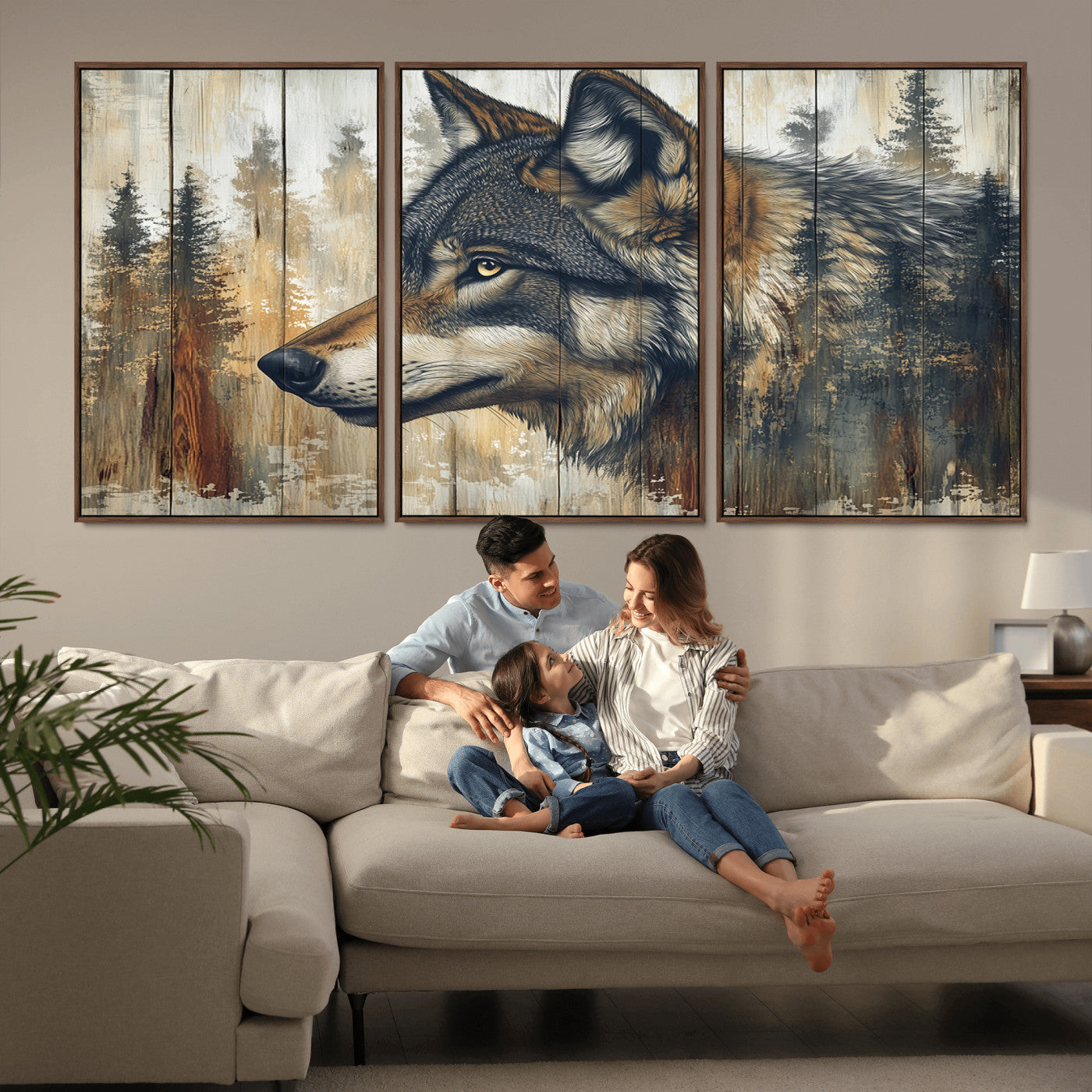 91882-MGV-FC-60X30-3P_Walnut-Wolf Wall Art – Rustic Canvas Print of Forest Wolf on Wood Background, Wildlife Lodge Artwork for Living Room, Bedroom, Cabin, or