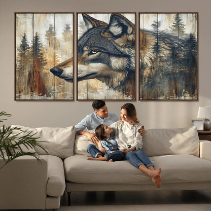 91882-MGV-FC-60X30-3P_Walnut-Wolf Wall Art – Rustic Canvas Print of Forest Wolf on Wood Background, Wildlife Lodge Artwork for Living Room, Bedroom, Cabin, or