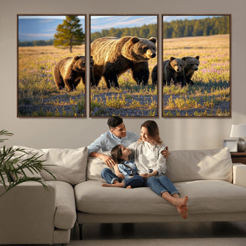 43400-MGV-CV-36X24-Bear Family Wall Art – Wildlife Canvas Print of Mother Bear with Cubs in Sunlit Meadow, Rustic Animal Artwork for Living Room,