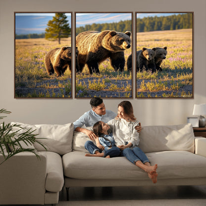 43400-MGV-CV-36X24-Bear Family Wall Art – Wildlife Canvas Print of Mother Bear with Cubs in Sunlit Meadow, Rustic Animal Artwork for Living Room,