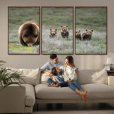 40555-MGV-CV-36X24-Bear Family Wall Art – Wildlife Canvas Print of Mother Bear with Four Cubs in Nature, Rustic Animal Artwork for Living Room,