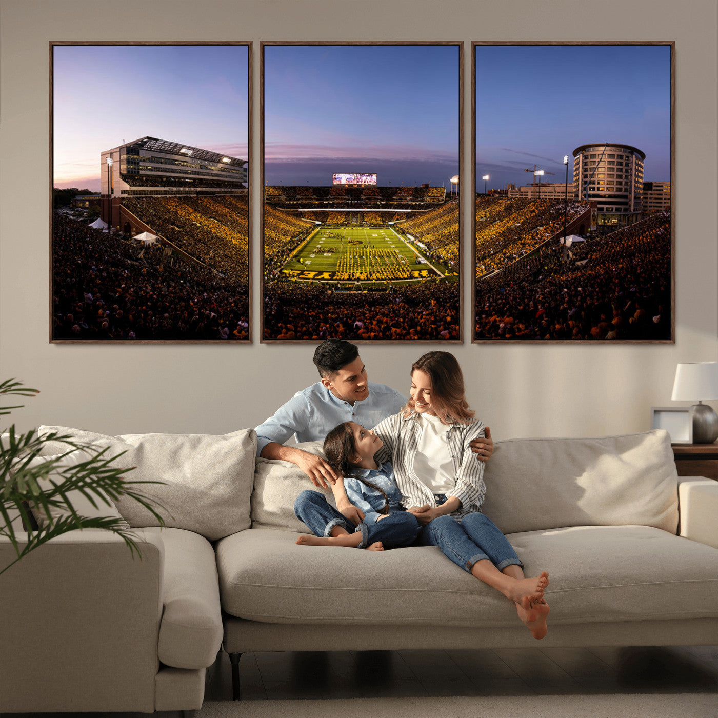 82557-MGV-CV-36X24-College Football Stadium Wall Art – Panoramic Sunset Canvas Print with Marching Band and Game Day Crowd, Sports Artwork for Man
